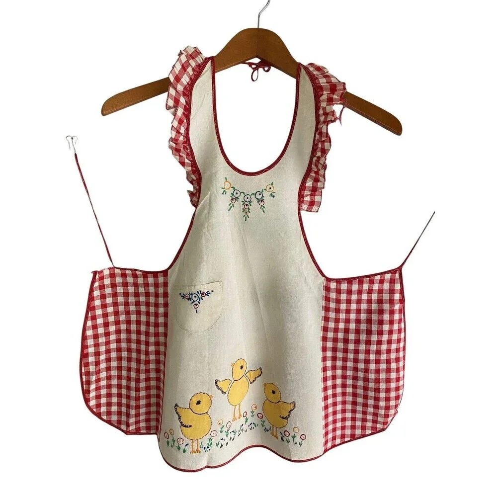 Vintage Apron Girl's One Size Red Check Ruffle Chick Embroidered